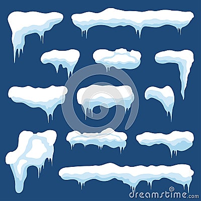 Snow with icicles and snow drifts. Winter snow caps with ice. Set of different frozen, snowy frames for decoration Vector Illustration