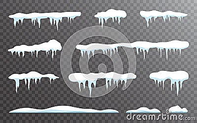 Snow icicles set on transparent backdrop. Snow caps collection. Snowdrift template isolated. Winter elements and snowy Vector Illustration