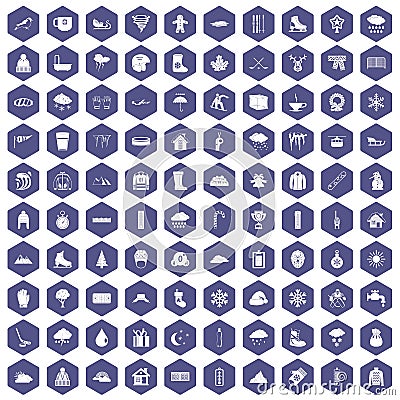 100 snow icons hexagon purple Vector Illustration