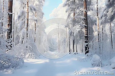 Snow-laden forest pathway inviting a tranquil winter walk, AI Generated Stock Photo