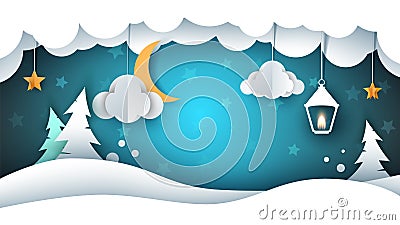 Snow landscape - paper illustration. Cloud, fir, star, moon, snow, flashlight. Vector Illustration