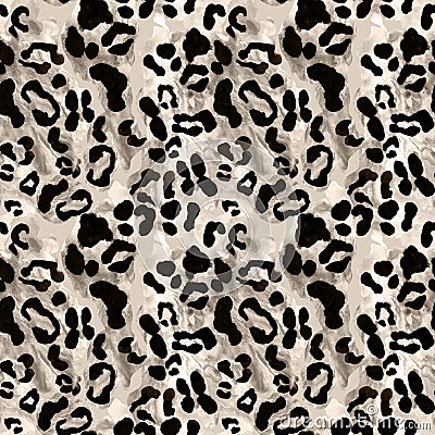 Snow leopard or jaguar coat seamless pattern with black rossetes on gray brown background. Exotic wild animal skin print Stock Photo