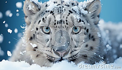 Snow leopard, majestic hunter, staring, cold winter, beauty in nature generated by AI Stock Photo