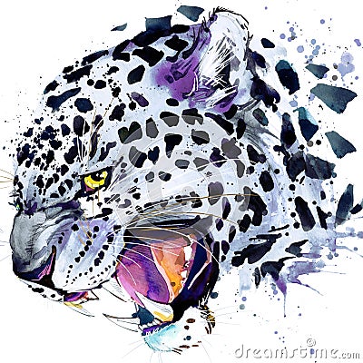 Snow leopard T-shirt graphics, snow leopard illustration with splash watercolor textured background. Cartoon Illustration