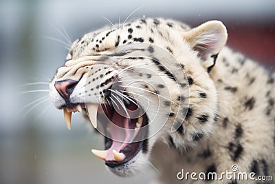 a snow leopard yawning revealing sharp teeth Stock Photo