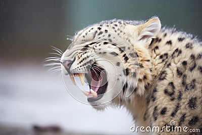 snow leopard yawning, showing teeth Stock Photo