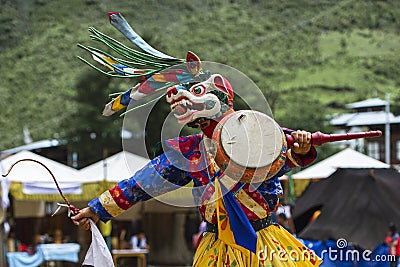 Snow Lion head deity , Bhutanese Cham Mask dance , Bhutan Editorial Stock Photo