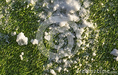 Snow lying on the green artificial grass Stock Photo