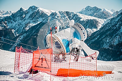 Snow making machine in the Dolomites Stock Photo