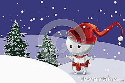 Snow man character with red hat in Christmas festival on snow with trees background. Vector Illustration