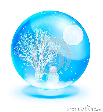 Snow man with full moon in blue crystal ball Stock Photo