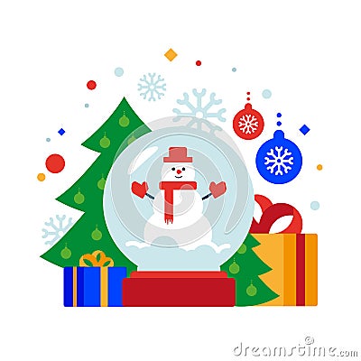 Snow man globe. Christmas composition of snow globe, Christmas tree, gifts and balls. Vector Illustration