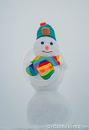 Snow man. Happy smiling snowman on sunny winter day. Winter clothes, knitted hat and scarf. Stock Photo