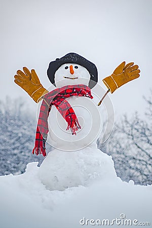 Snow man in winter hat. Christmas background with snowman. Funny snowman in stylish hat and scarf on snowy field. Happy Stock Photo