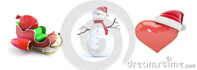 Snow men santa hat ,santa sleigh, heart santa hat on a white background 3D illustration, 3D rendering Cartoon Illustration