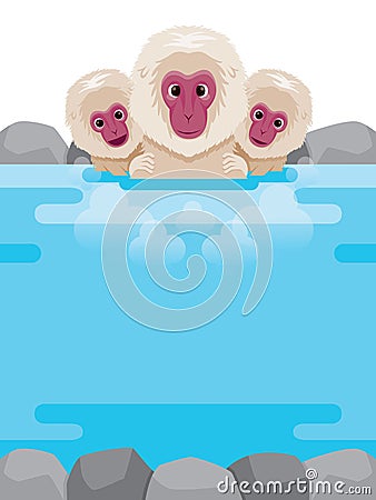 Snow Monkey Relaxing In Hot Spring Frame Vector Illustration