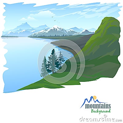 Snow Mountain and Blue Water Lake Vector Illustration