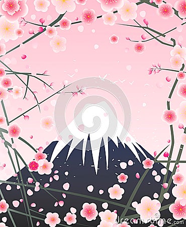 Snow mountain and cherry blossom Vector Illustration