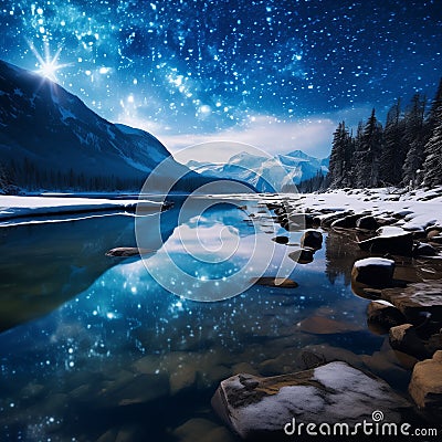 Snow mountain scenery night starry sky Stock Photo