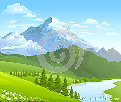 SNOW MOUNTAIN AND RIVER FLOWING IN A VALLEY Vector Illustration