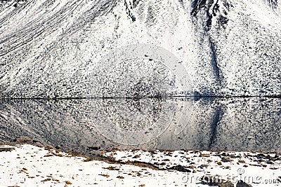 Snow mountains and a lake in Switzerland. Fluela pass in Switzerland in winter. Stock Photo