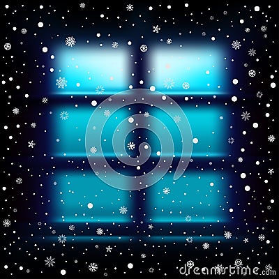 Snow night large window Vector Illustration