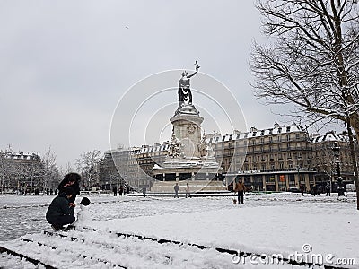 Snow in Paris, view of the place de la Republique in the winter, Paris, France Editorial Stock Photo