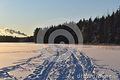 Snow path in taiga forest in wintertime Stock Photo
