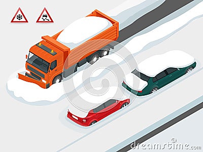 Snow plough truck clearing road after white-out winter snowstorm blizzard for vehicle access. Cars covered in snow on a Vector Illustration