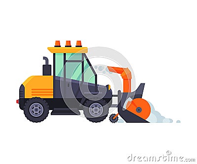 Snow Plow Tractor, Winter Snow Removal Machine, Cleaning Road Snowblower Vehicle Vector Illustration Vector Illustration