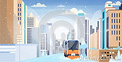 Snow plow truck cleaning city road afrer snowfall winter snow removal concept modern cityscape background horizontal Vector Illustration