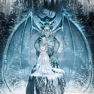 Snow Queen and blue dragon Stock Photo