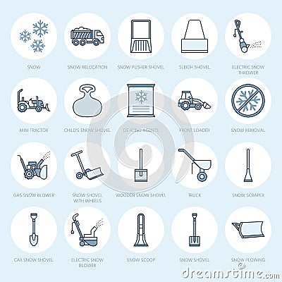 Snow removal flat line icons. Ice relocation service signs. Cold weather equipment - snow thrower, blower, truck, front Vector Illustration