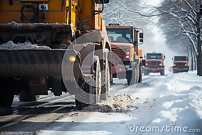Snow removal team operates machine to clear streets, ensuring smooth urban flow. Stock Photo