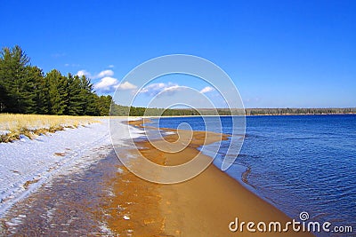 Big Bay State Park, Madeline Island, Apostle Islands in Lake Superior, Snow, Sand, and Water, Great Lakes, Wisconsin Stock Photo