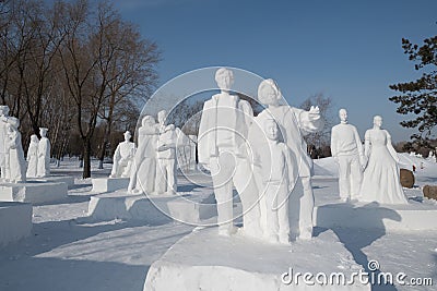 Snow sculptures- Harbin Snow Sculptures 2018 life like snow carvings in fine detail Editorial Stock Photo
