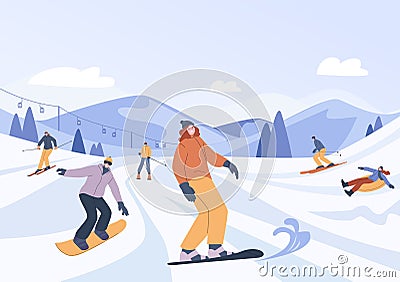 Snow ski resort. Snowboard family holidays, sport friends skiing and snowboarding. Winter outdoor activities, christmas Vector Illustration