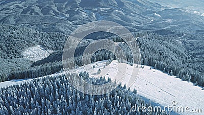 Snow ski slope resort at mountain aerial. Active sport and recreation. Nobody nature landscape Stock Photo