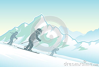 Snow Skiing Children Vector Illustration