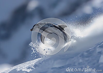 Snow Skiing with a Twist: The Aerodynamic Descent of a Dolphin T Stock Photo