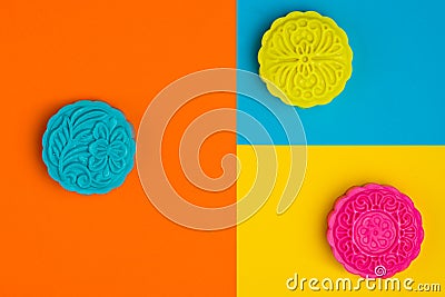 Snow skin mooncake on coloful background. Top view Stock Photo