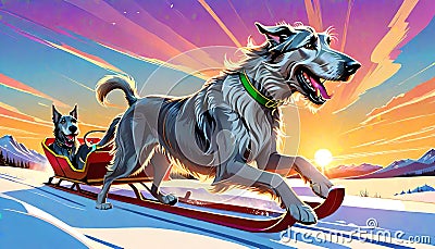 snow sled ski snowboard board happy irish wolfhound dog puppy Cartoon Illustration