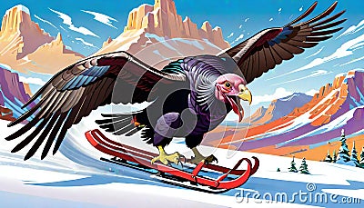 snow sled ski snowboard board turkey vulture condor bird winter recreation Cartoon Illustration