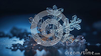 A snow snowflake in the winter, in the style of crystalcore, focus stacking, mike campau, translucent water, Generative AI Stock Photo