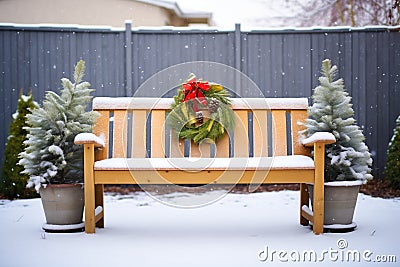 snow topped bench with frosted evergreens behind Stock Photo