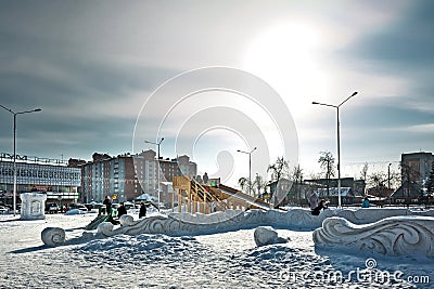 Snow town with a slide. Berdsk, Siberia, Russia Editorial Stock Photo