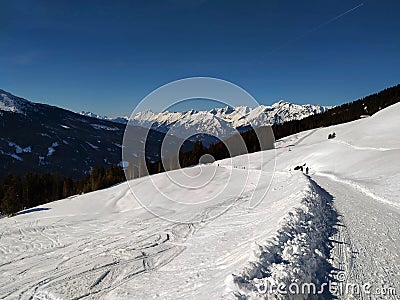 Snow traces on top of Alp Mountain Stock Photo