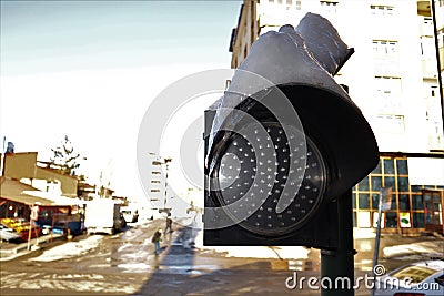 Snow on a traffic lights. Common view during winter in Erzurum, Travel to Turkey Stock Photo