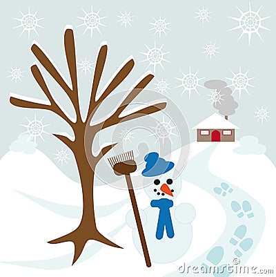 Snow tree hill and house Vector Illustration