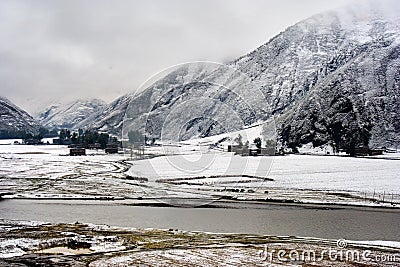 Snow view of tibetan village at Shangri-la China Stock Photo